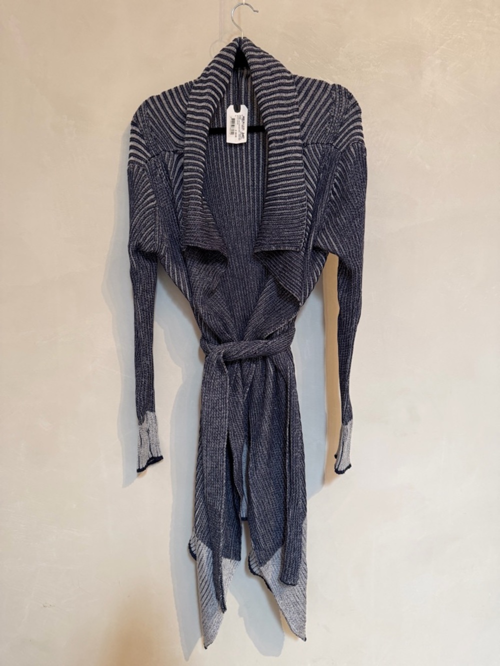 Denham Navy and Gray/White Ribbed Knit Belted Cardigan